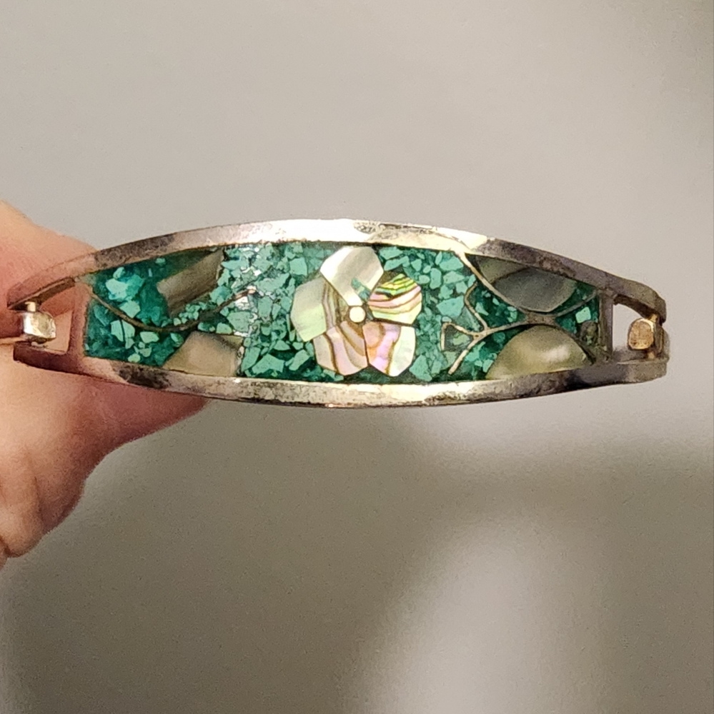 Silver Bracelet with beautiful inlay of turquoise and abalone stamped Tamko.